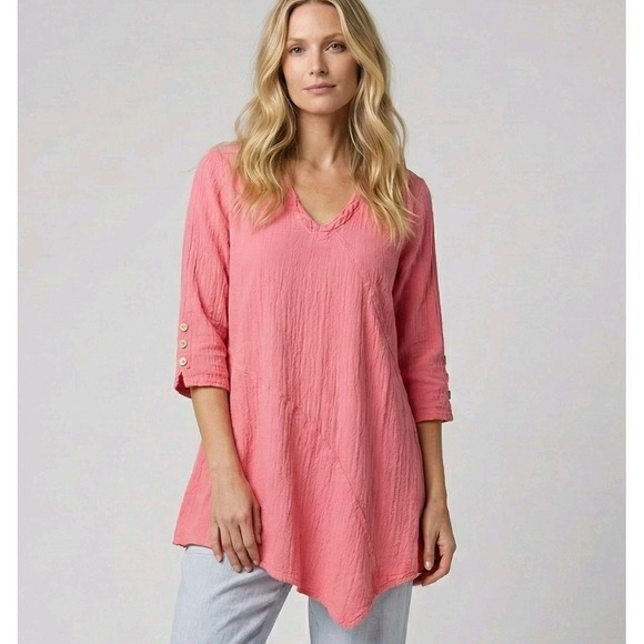 Sea Breeze California Tops - Sea Breeze of California Top Large Pink Cotton Gauze Tunic Asymmetrical USA Made